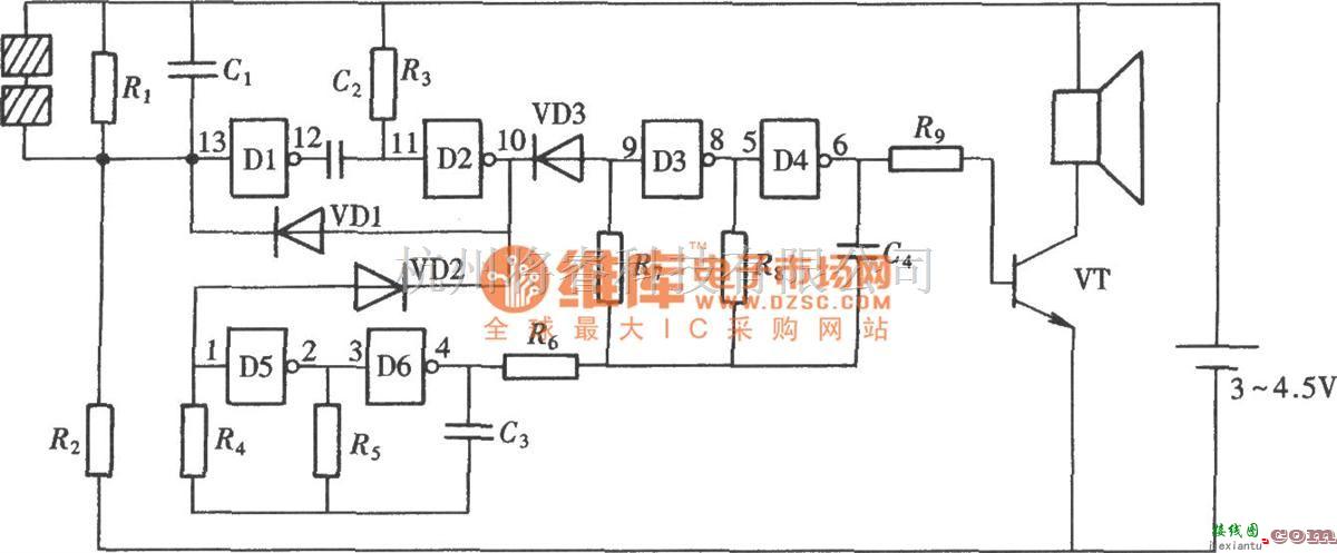 语音电路中的触摸式双音调门铃(CD4069)电路图  第1张