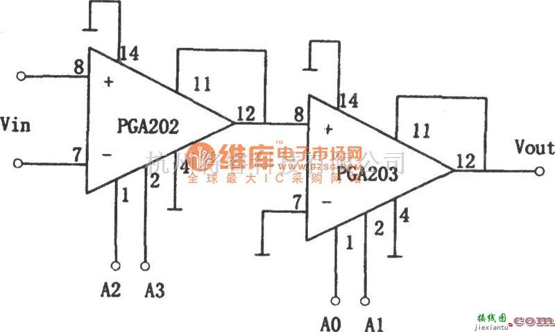 运算放大电路中的PGA203构成的增益1～8000倍可编程放大器电路图  第1张