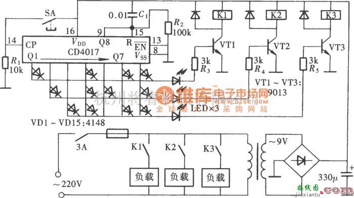 开关电路中的用CD4017组成多路多态控制开关电路图  第1张