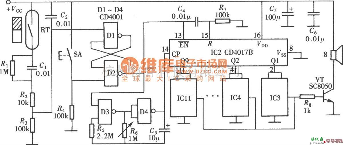 语音电路中的多乐曲音乐门铃(CD4001、CD4017B)电路图  第1张