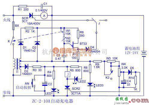 充电电路中的10A蓄电池自动充电器电路图  第1张