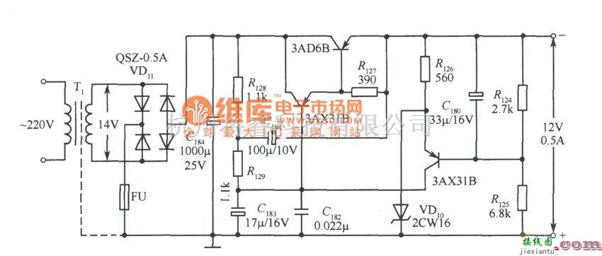 稳压电源中的12V稳压器简单电路之四电路图  第1张