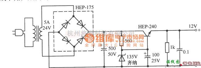 稳压电源中的12V稳压器简单电路之一电路图  第1张