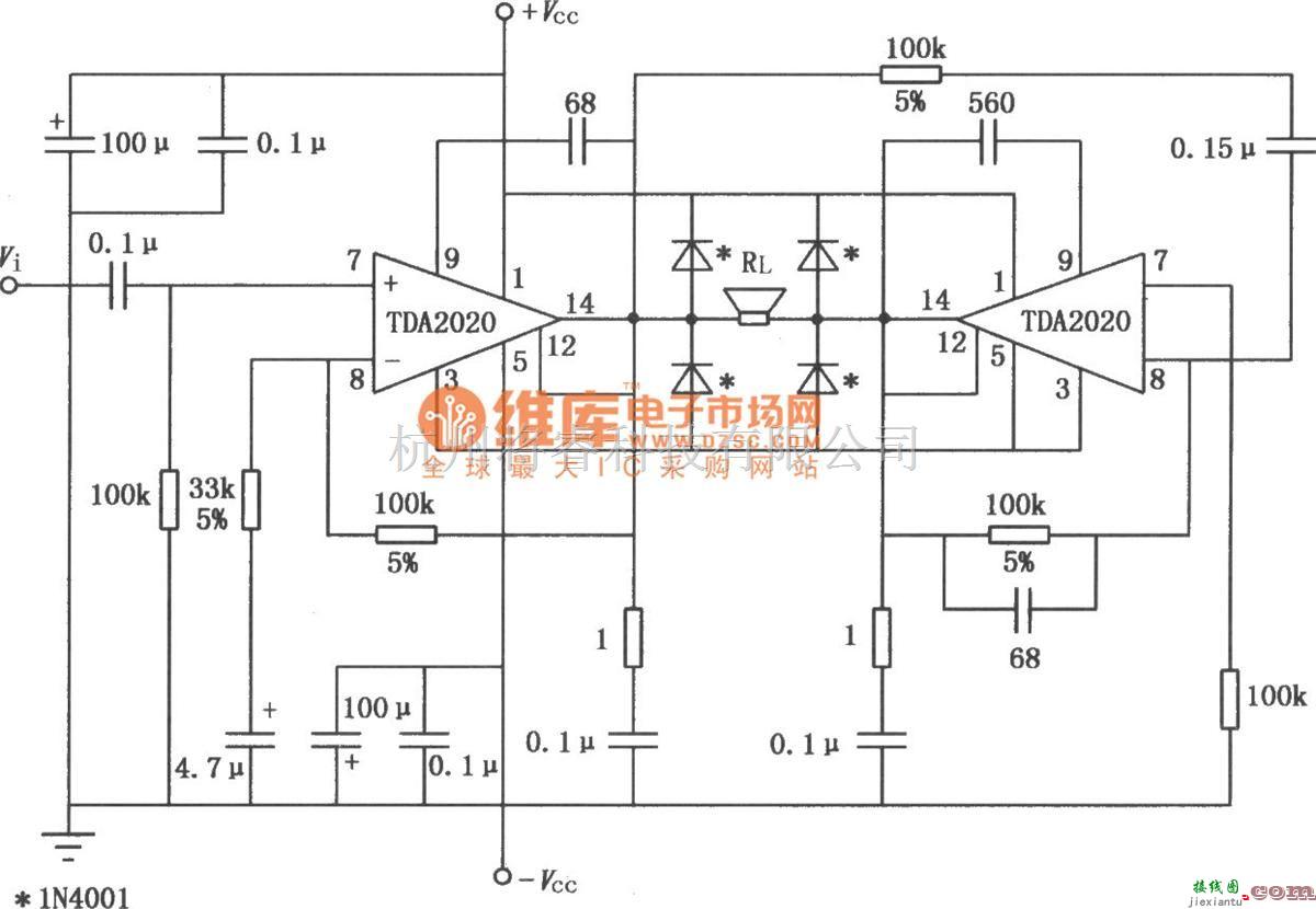 电子管功放中的20W Hi—Fi音频功率放大器TDA2020的BTL应用电路图  第1张