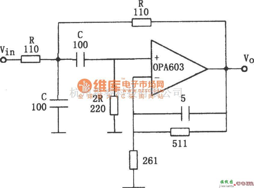 滤波器中的OPA603构成的10MHz带通滤波器电路图  第1张