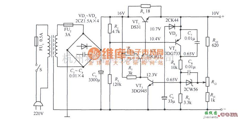 稳压电源中的工作在电网电压为l20～250V之间的IOV稳压电源电路图  第1张