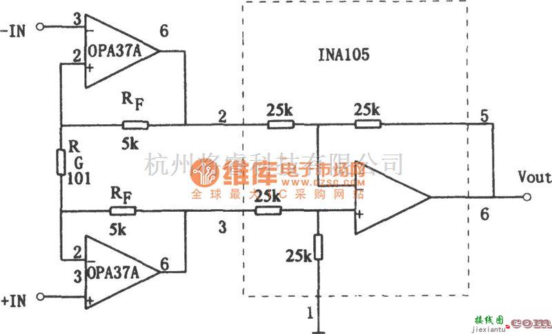 运算放大电路中的OPA37构成的低噪声仪用放大器电路图  第1张