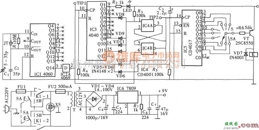 定时控制中的高精度可调定时器(CD4017)电路图  第1张