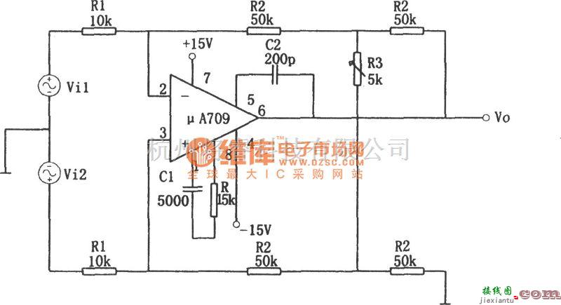 运算放大电路中的μA709构成的可变增益差动放大电路图  第1张