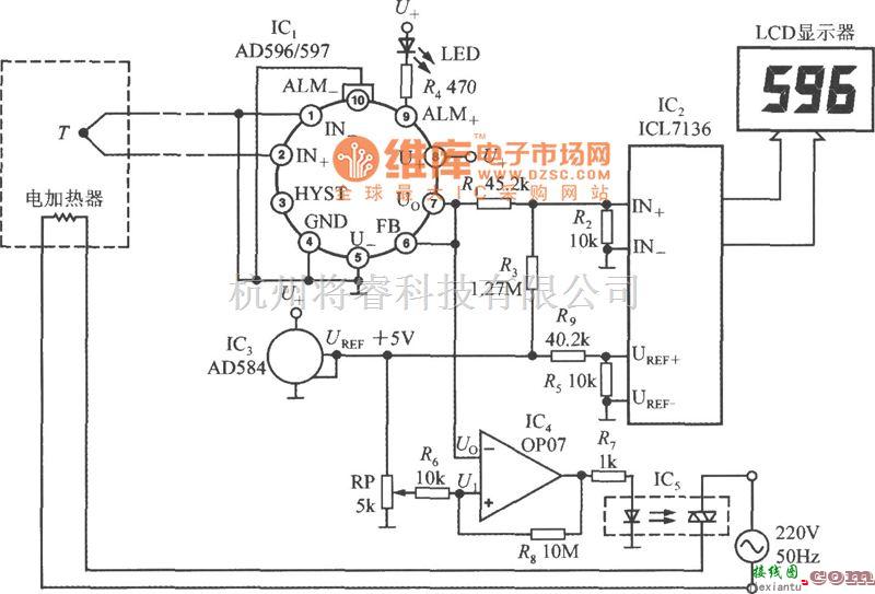 传感信号调理中的由热电偶冷端温度补偿器AD596／597构成温度测控仪电路图  第1张