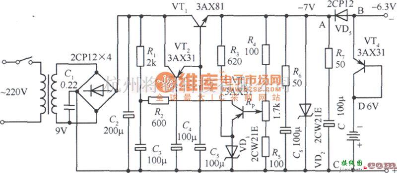 稳压电源中的6V收录机交、直流自动转换稳压电源电路图  第1张