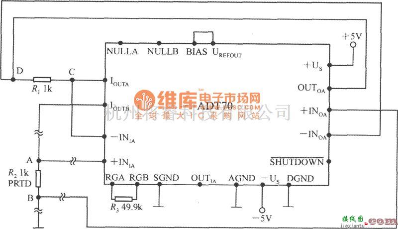 传感信号调理中的用4线制接法消除引线电阻的影响(铂热电阻信号调理器ADT70)电路图  第1张