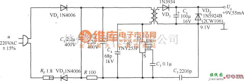 DC-DC中的由TNY253P构成的9V、55mA AC／DC变换器电路图  第1张