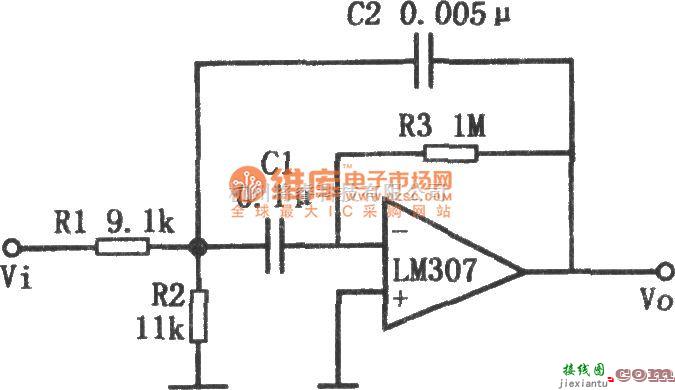 滤波器中的低Q值高增益带通滤波器(LM307)电路图  第1张