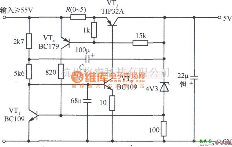 稳压电源中的具有过截保护的5v稳压电源电路图  第1张