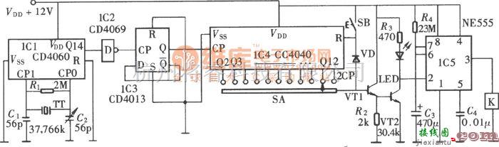 定时控制中的高精度可调式数字定时器(CD4060、CD4040、NE555)电路图  第1张
