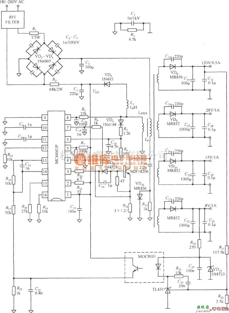 电源电路中的由MC44603P构成的四输出电源电路图  第1张