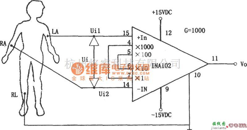运算放大电路中的INA102构成的人体生物电信号前置放大器电路图  第1张
