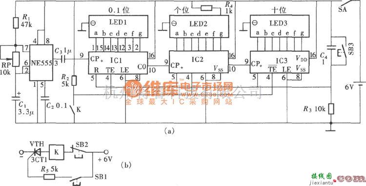 定时控制中的由NE555、CD40110构成的三位数显式电子计时器电路图  第1张