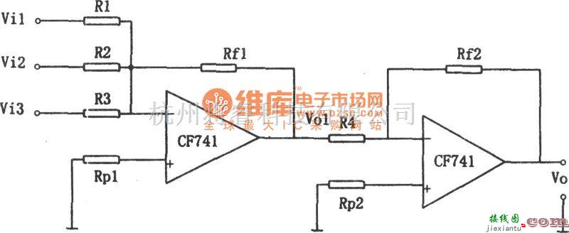 运算放大电路中的CF741构成的输入输出同相加法电路图  第1张