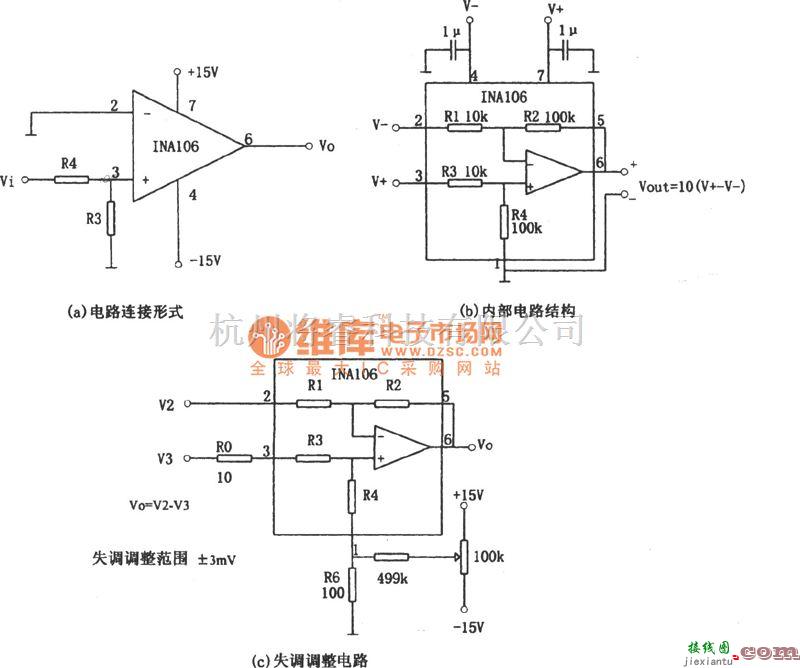 运算放大电路中的输入信号可达±100V电压跟随器(INA106)电路图  第1张