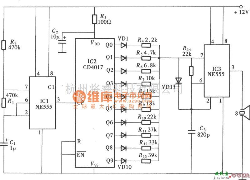 数字电路中的用CD4017组成超声驱虫电路图  第1张