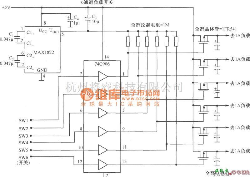 开关稳压电源中的由MAX1822和74C906构成的1～6通道负载开关电路图  第1张