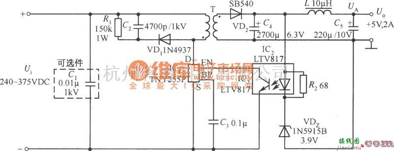 电源电路中的TNY255P构成的5V、2A PC待机电源电路图  第1张