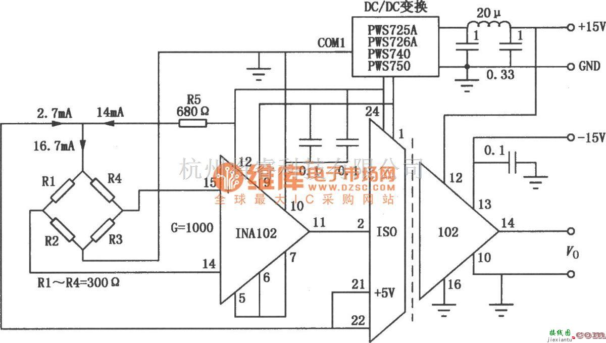 运算放大电路中的INA102组成的精密电桥隔离测量放大电路图  第1张