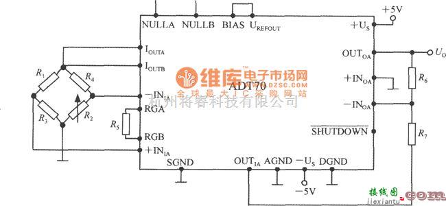 传感信号调理中的铂热电阻信号调理器ADT70ADT70在电阻应变仪中的应用电路图  第1张