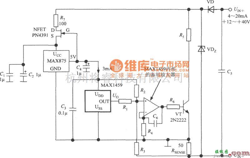 传感信号调理中的由数字式压力信号调理器MAX1459构成的4～20mA电流变送器的电路图  第1张