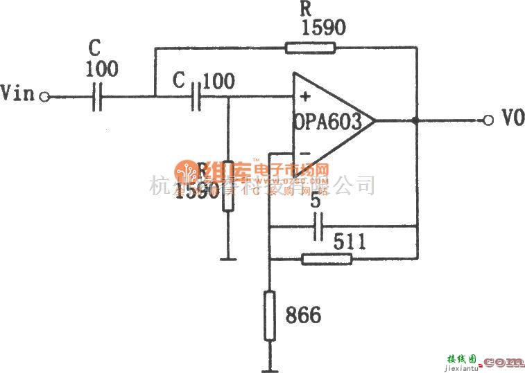 滤波器中的OPA603构成的1MHz高通滤波器电路图  第1张