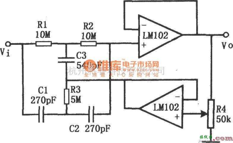 滤波器中的高Q值陷波滤波器(LM102)电路图  第1张