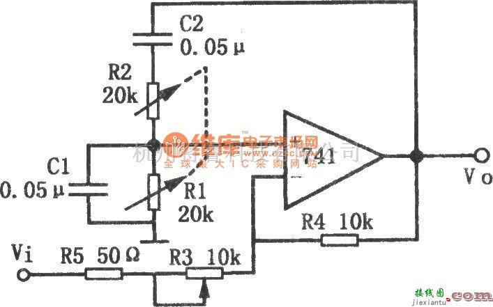 滤波器中的Q值和频率可调的窄带滤波器(741)电路图  第1张