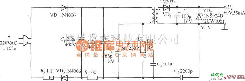 DC-DC中的TNY253P构成的9V、55mA AC／DC变换器电路图  第1张