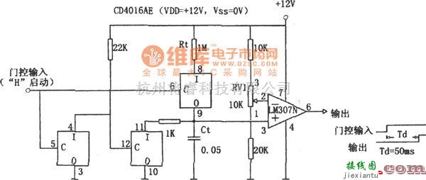 定时控制中的高精度延迟定时器(CD4016AE、LM307N)电路图  第1张