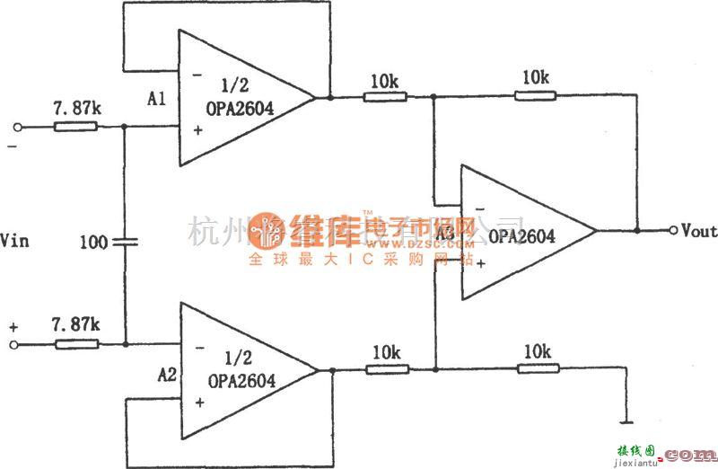 运算放大电路中的OPA2604构成的具有低通滤波的差动放大电路电路图  第1张