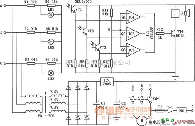 保护电路中的电压型光电传感式断路、缺相保护电路图  第1张