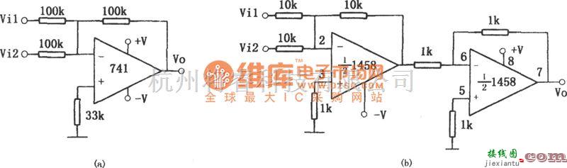 运算放大电路中的通用加法器(741、1458)电路图  第1张