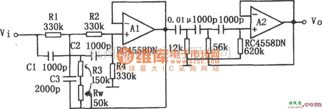 滤波器中的具有锐截止特性的有源高通滤波器(RC4558DN)电路图  第1张