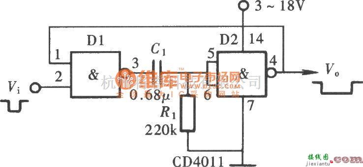 触发/翻转电路中的用门电路组成的单稳态触发器电路图  第2张