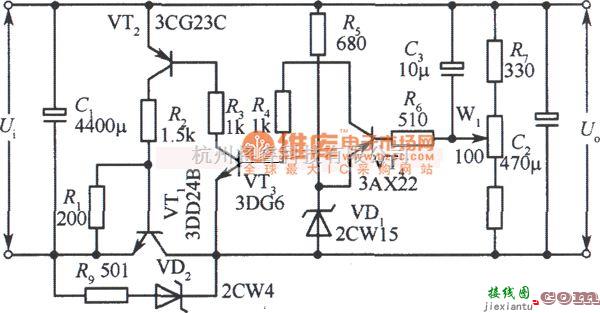 稳压电源中的15V、1A集电极输出稳压电源电路图  第1张