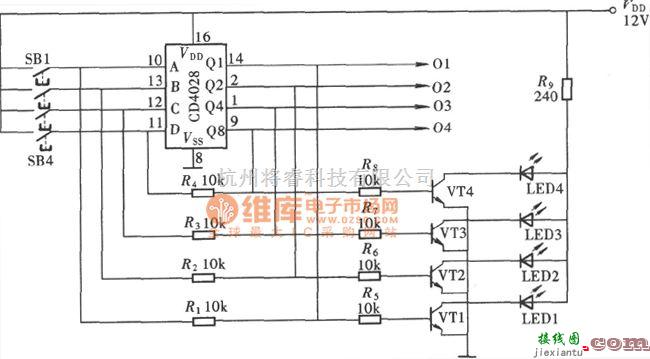 开关电路中的四路互锁开关控制器(CD4028)电路图  第1张