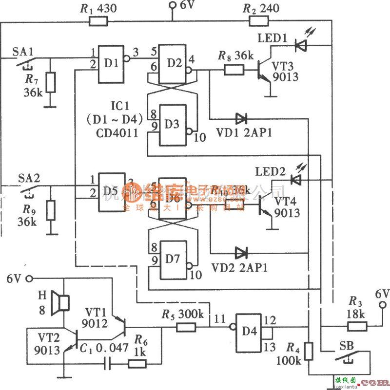 数字电路中的由与非门组成的抢答器(CD4011)电路图  第1张