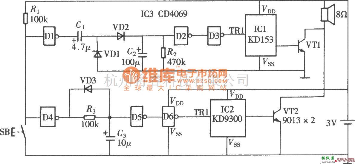 语音电路中的能识别来客和家人的门铃(CD4069、KD9300)电路图  第1张