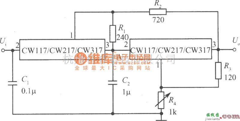 电源电路中的两只CW117／CW217／CW317构成跟踪式集成稳压电源电路图  第1张