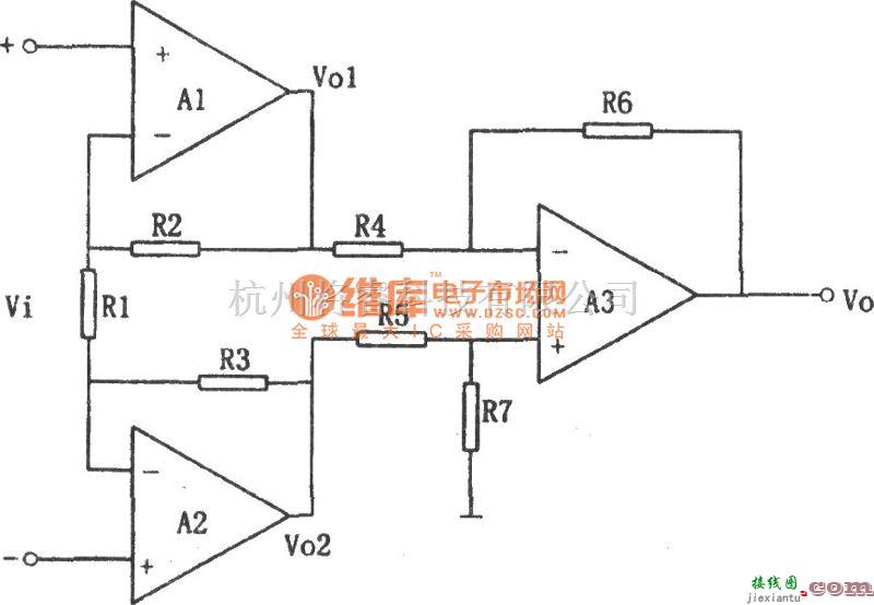 运算放大电路中的高输入阻抗三运放差动放大电路图  第1张