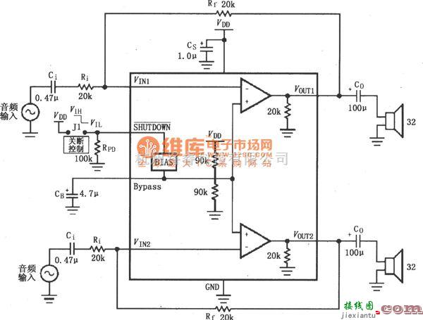 耳机放大中的LM4809／4810用于双声道耳机放大器的典型电路图  第1张