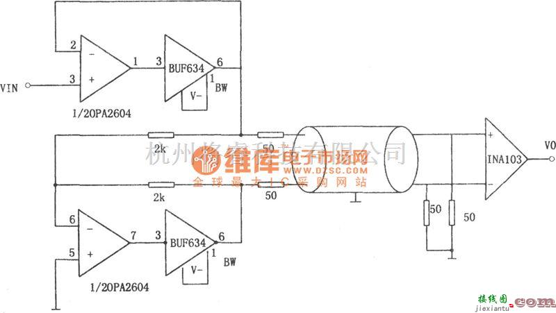 运算放大电路中的单端输入变为差动输入馈线驱动器(OPA2604、BUF634)电路图  第1张