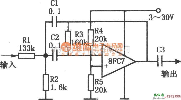 滤波器中的单电源低电压带通滤波器(8FC7)电路图  第1张